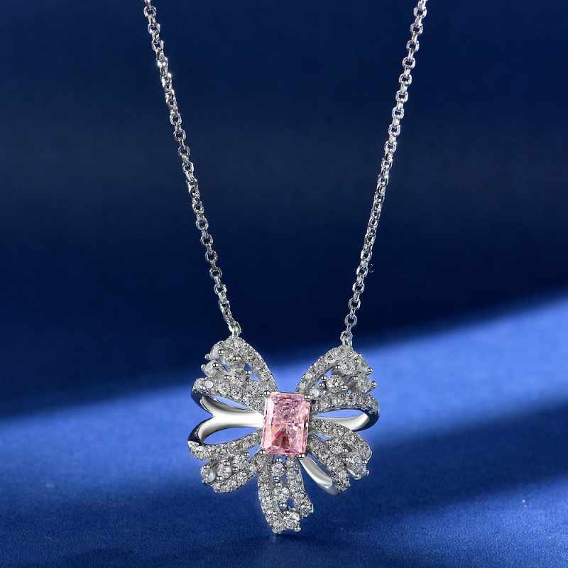 Jorrio handmade pink radiant bow sterling silver diamond necklace