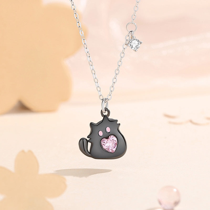 Jorrio handmade pink heart cut cute cartoon kitten sterling silver necklace