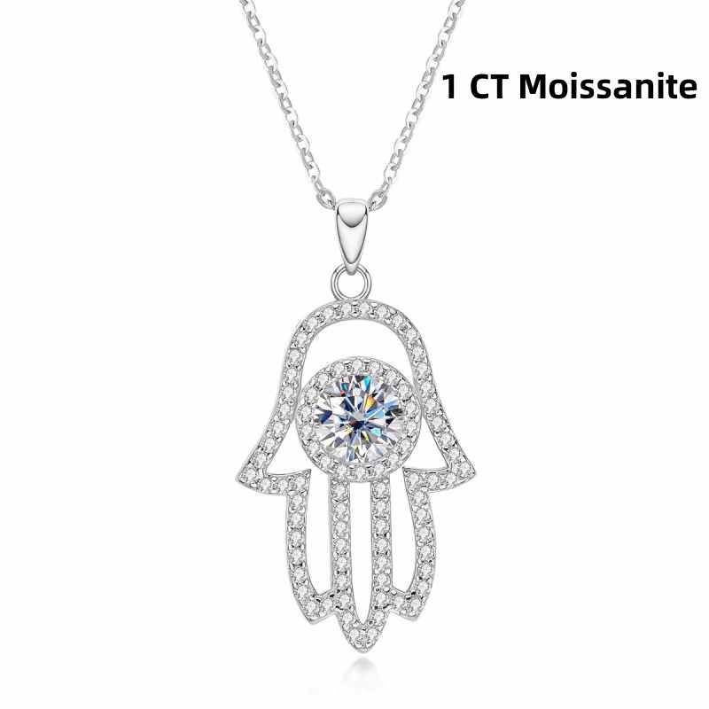 Jorrio handmade 1ct round cut hand of Fatima Moissanite sterling silver necklace