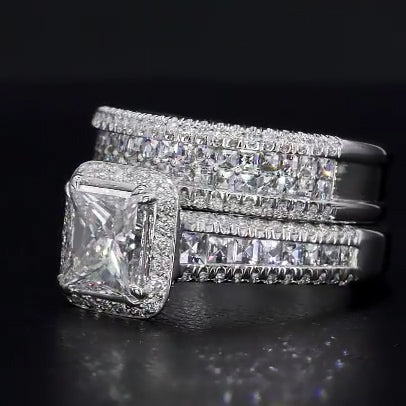 Jorrio handmade vintage princess cut halo created diamond sterling silver bridal set