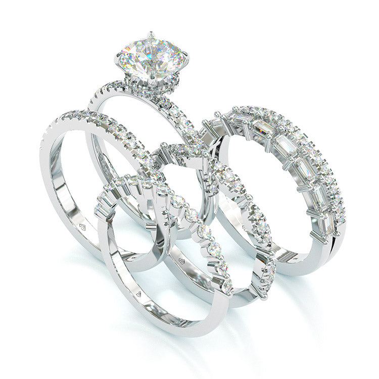 Jorrio handmade classic 5 pieces round cut cubic zirconia wedding ring bridal set